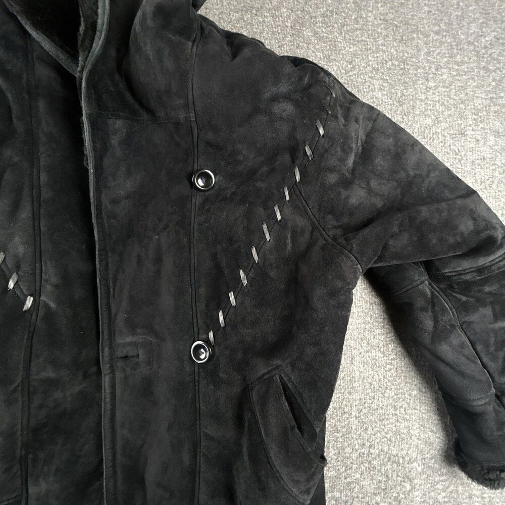 Gallery Genuine Suede Leather Coat Womens Sz M Black Faux Fur Lining & Trim Warm - Picture 4 of 12